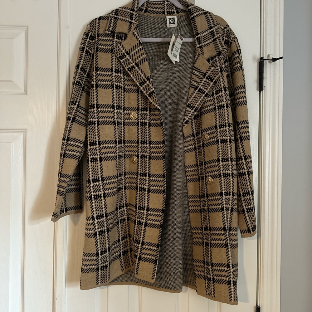 Plaid Double-Breasted Women's Cardigan- Beige & Black